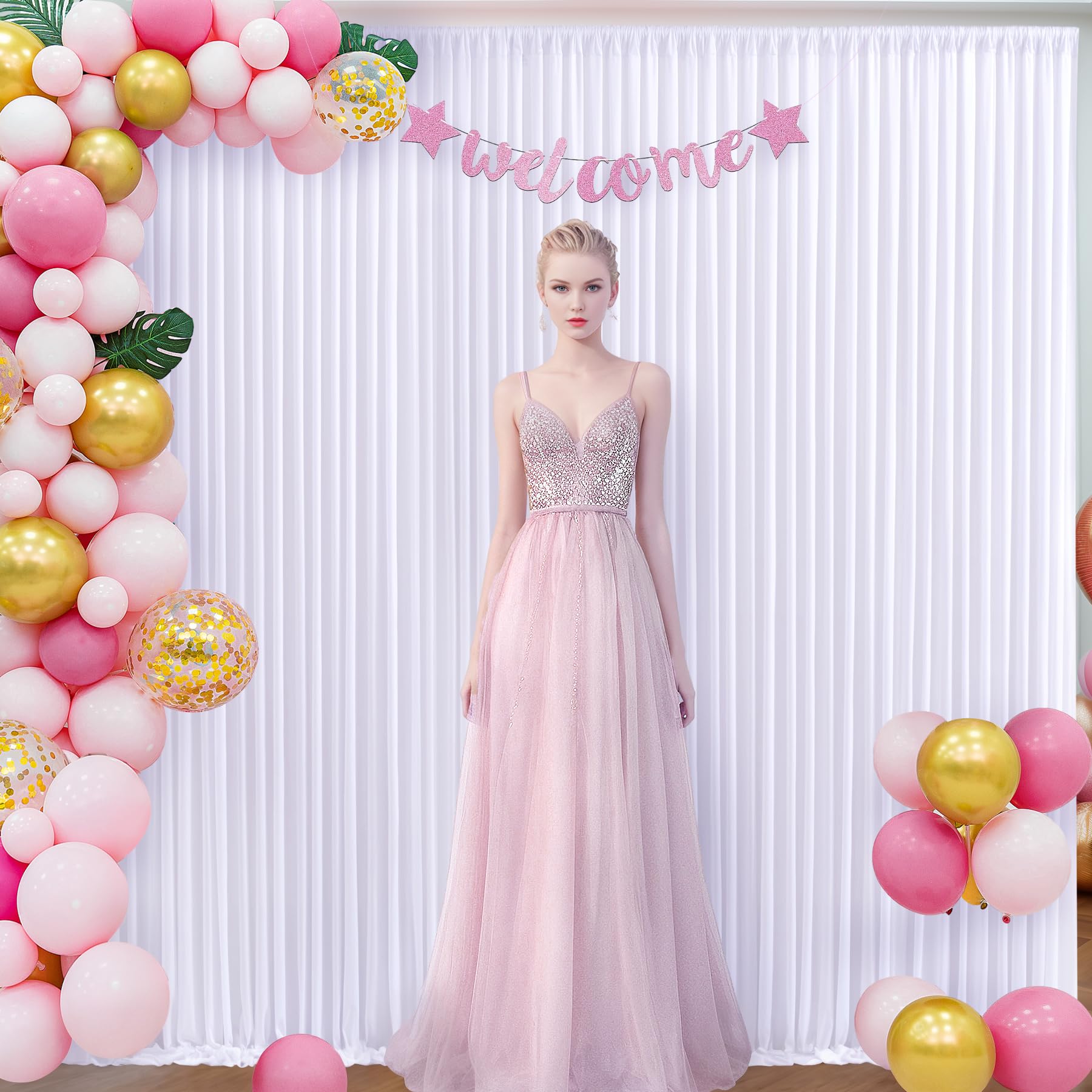 10Ft X 10Ft White Backdrop Curtain For Parties Wedding White Wrinkle Free Backdrop Drapes Panels For Baby Shower Gender Reveal B